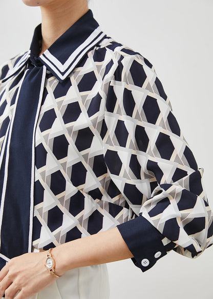 Navy Peter Pan Collar Print Chiffon Blouses Summer