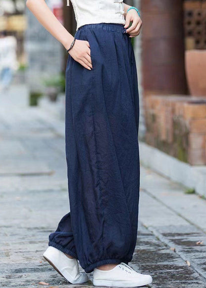 Navy Pockets Elastic Waist Cotton Lantern Pants Summer