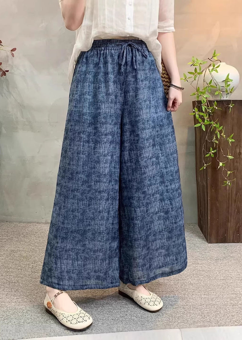 Navy Pockets Tie Dye Elastic Waist Linen Pants Summer