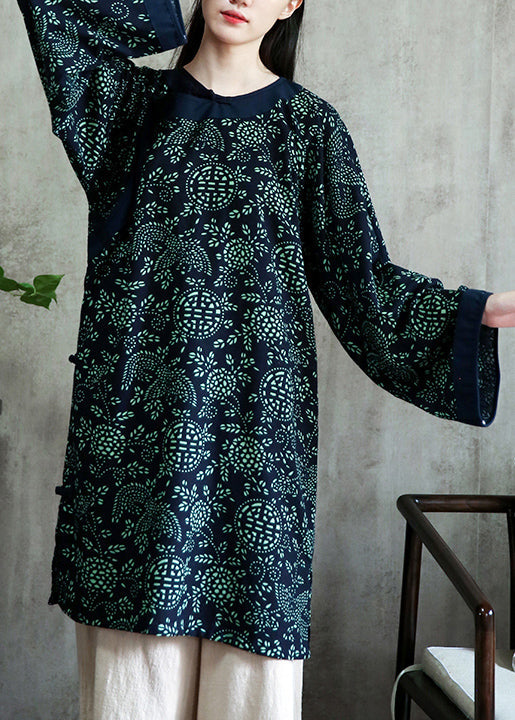 Navy Print Button Patchwork Cotton Mid Dress Fall