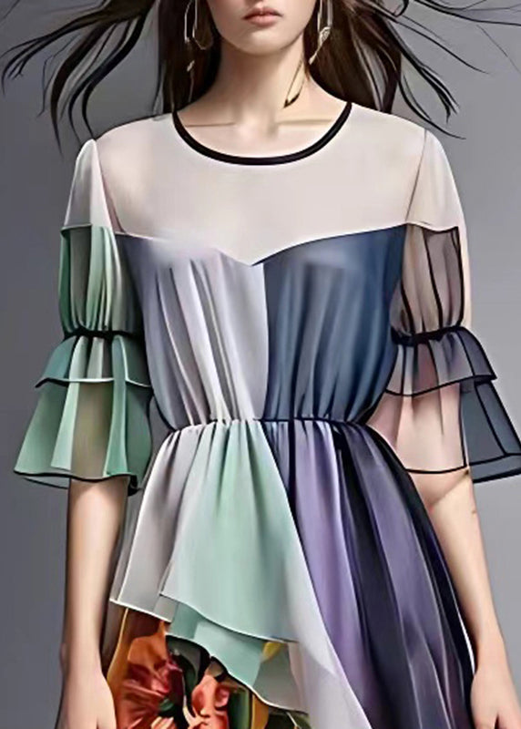 Navy Print Wrinkled Chiffon Mid Dress Summer