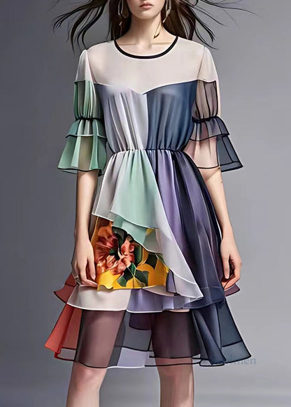 Navy Print Wrinkled Chiffon Mid Dress Summer