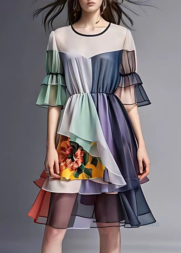 Navy Print Wrinkled Chiffon Mid Dress Summer