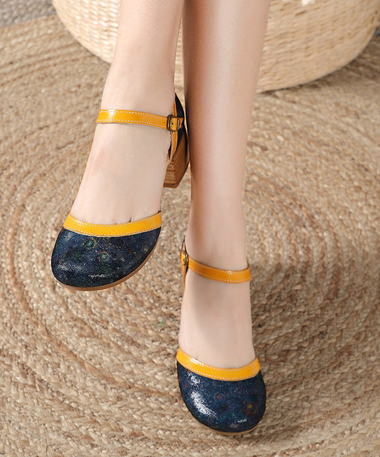 Navy Splicing Buckle Strap Sheepskin Chunky Sandals