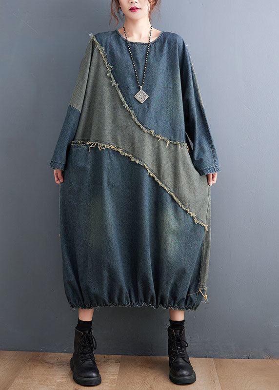 O-neck Drawstring Patchwork Denim Maxi Dresses Fall