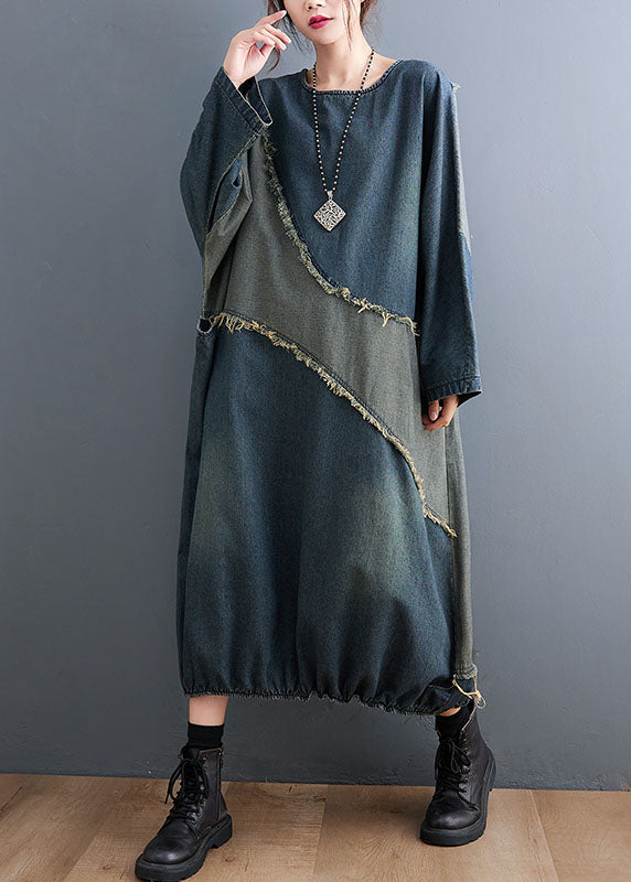 O-neck Drawstring Patchwork Denim Maxi Dresses Fall