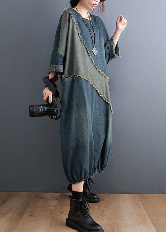 O-neck Drawstring Patchwork Denim Maxi Dresses Fall