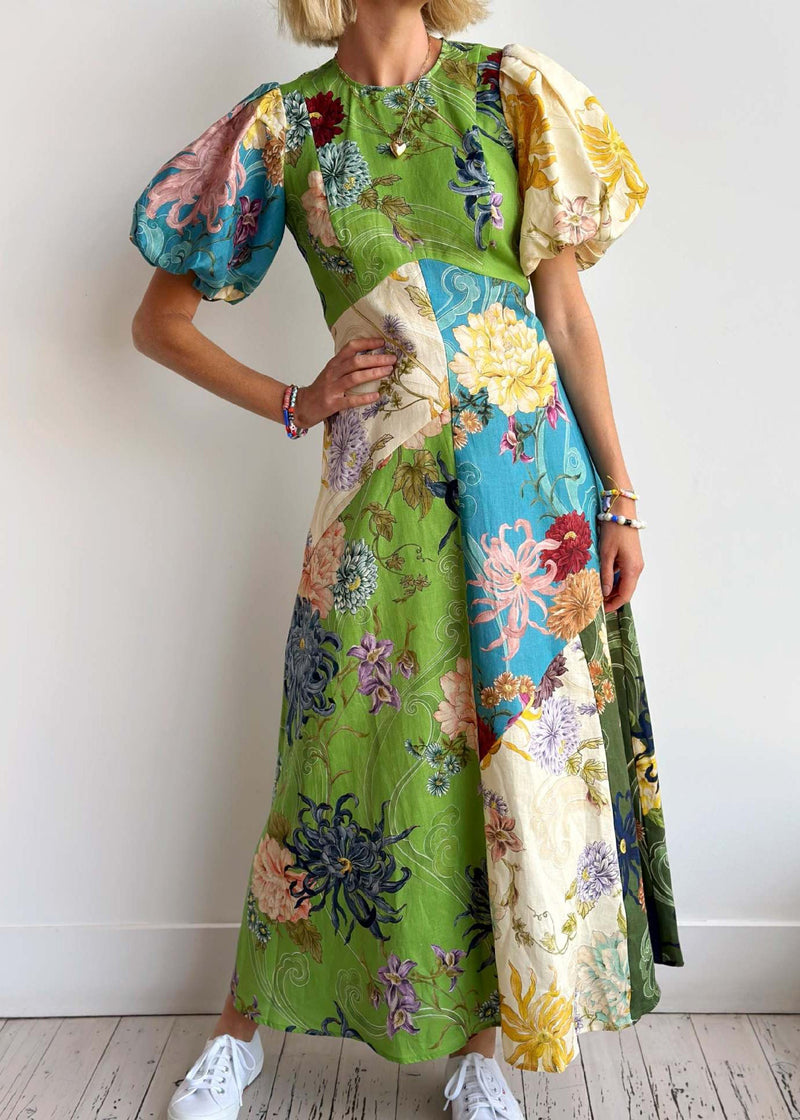 O Neck Print Cotton Long Dress Lantern Sleeve