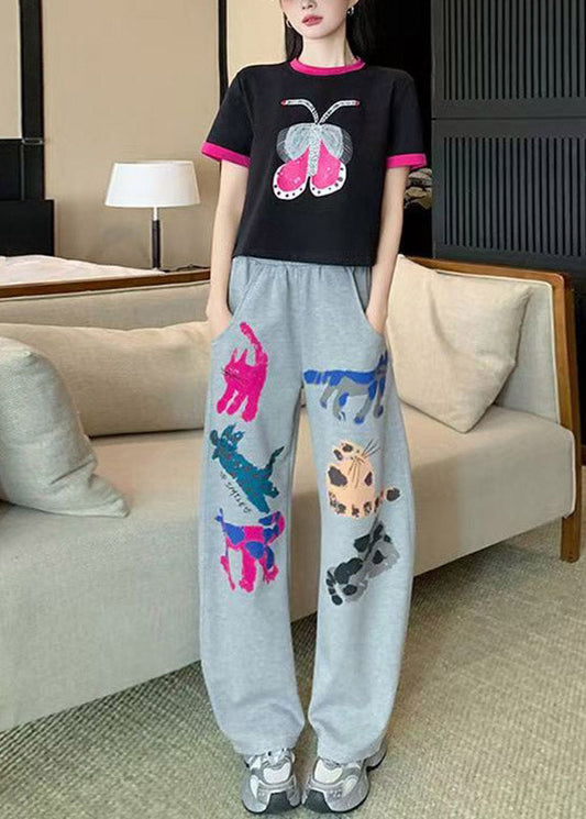O-neck Print Patchwork Top Jeans and Two Pieces Set Summer