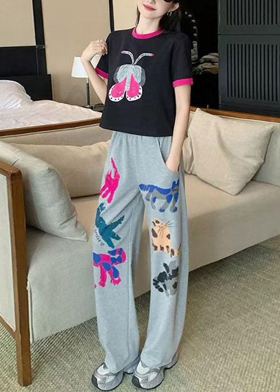 O-neck Print Patchwork Top Jeans and Two Pieces Set Summer