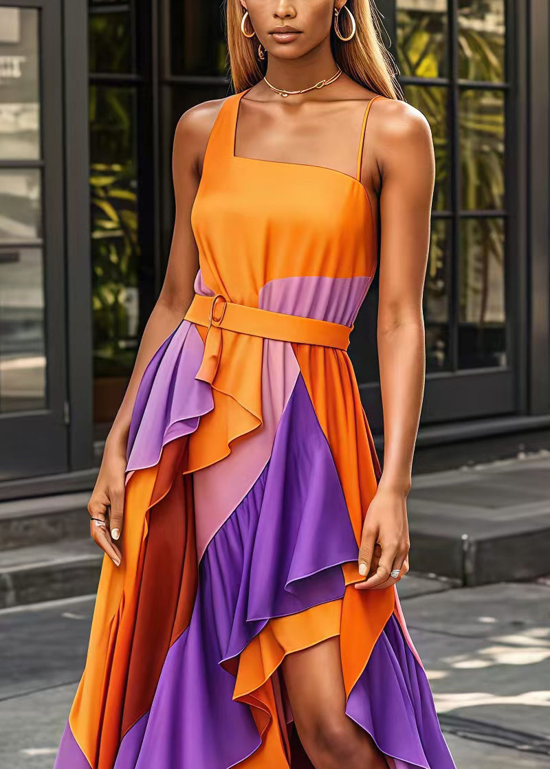 Orange Asymmetrical Patchwork Exra Large Hem Silk Long Dress Summer