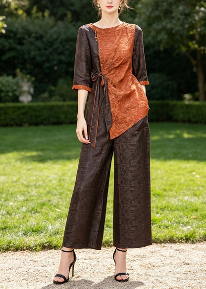 Orange Asymmetrical Patchwork Jacquard Two Piece Suit Set Half Sleeve