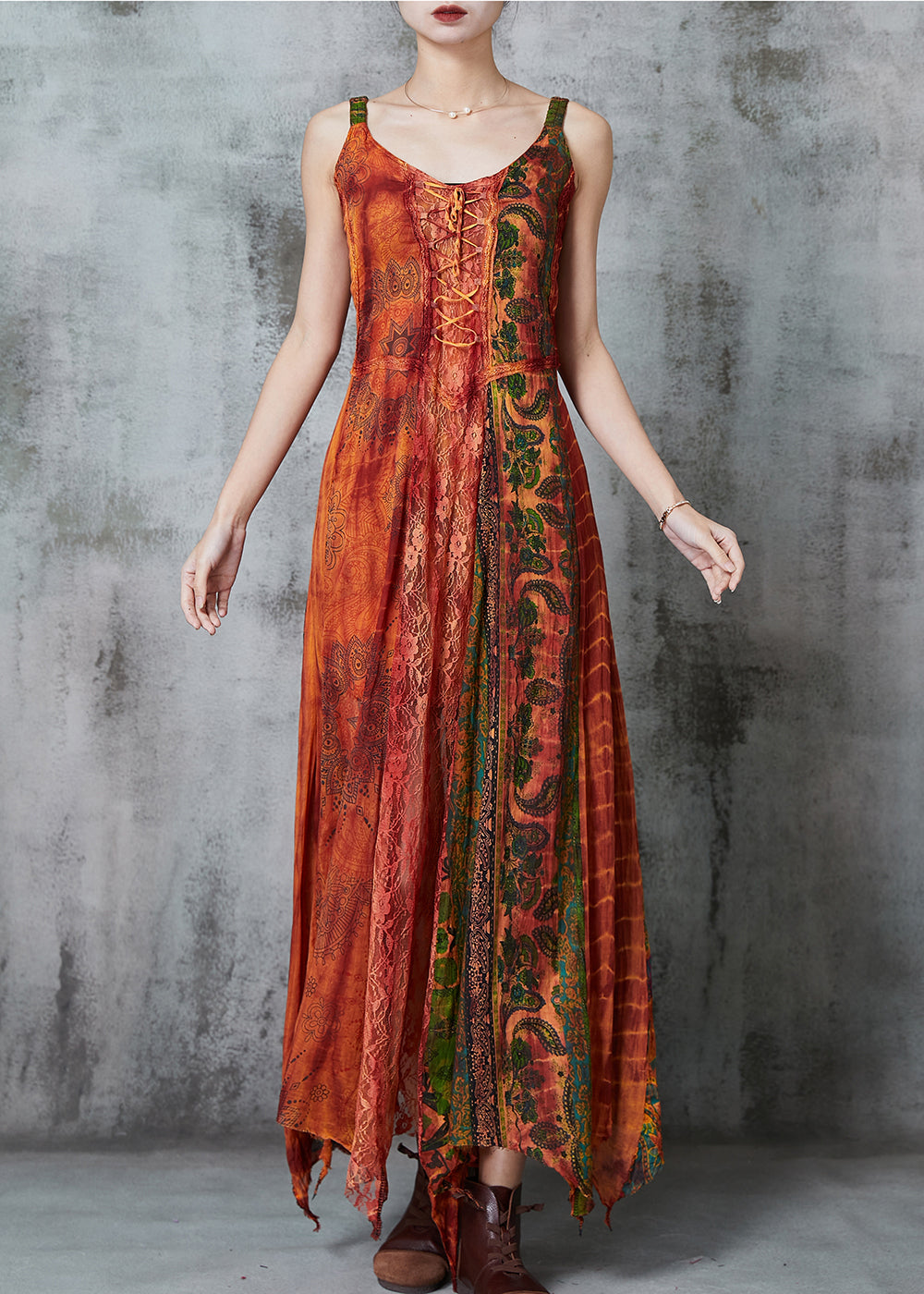Orange Asymmetrical Print Cotton Holiday Dress Summer