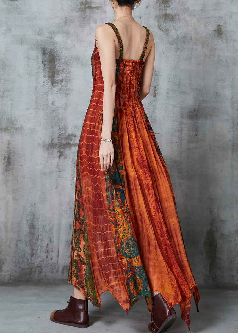 Orange Asymmetrical Print Cotton Holiday Dress Summer