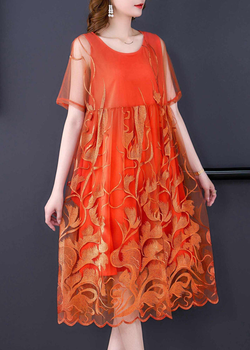 Orange Embroideried Patchwork Tulle Long Dress Summer