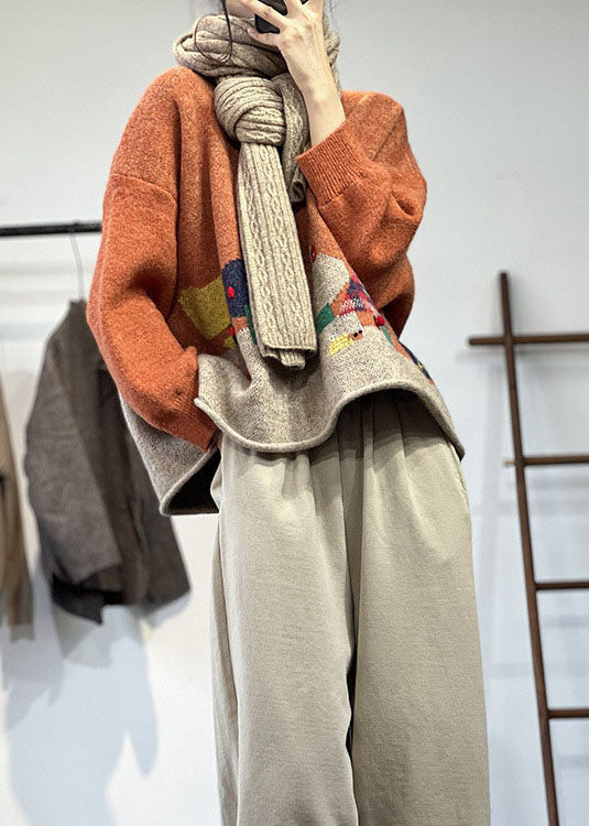 Orange O-neck Oversized Cartoon Print Knitted Tops Winter