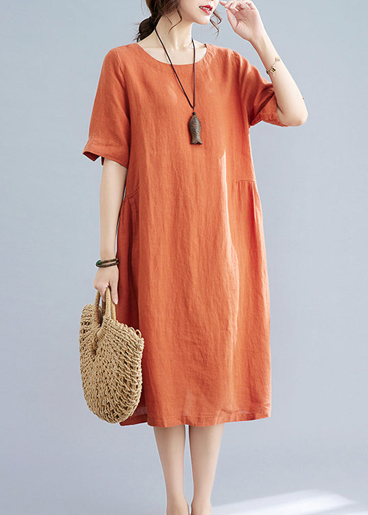 Orange O-neck Wrinkled Pockets Linen Dresses Short Sleeve