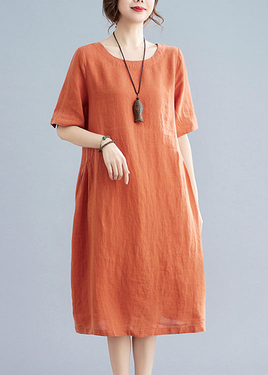 Orange O-neck Wrinkled Pockets Linen Dresses Short Sleeve