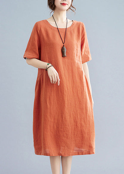 Orange O-neck Wrinkled Pockets Linen Dresses Short Sleeve