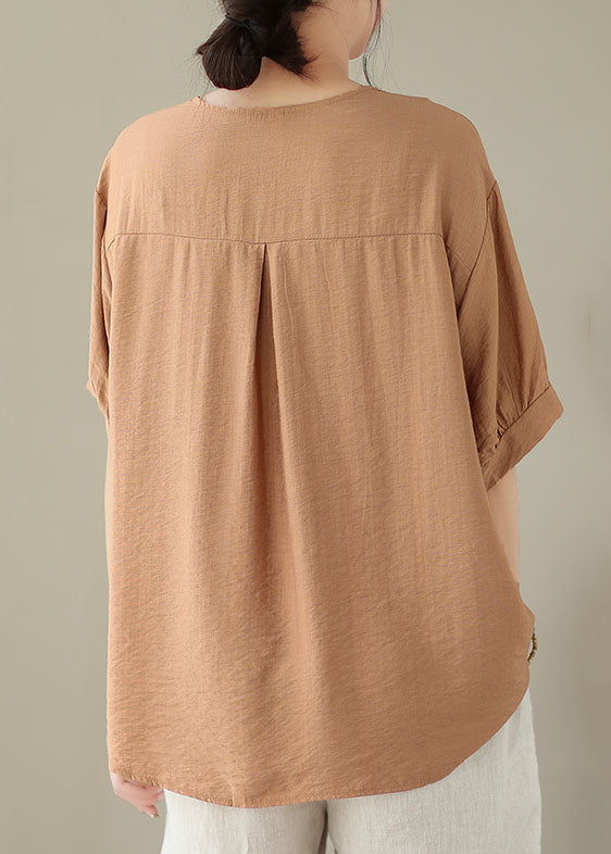 Orange Peter Pan Collar Patchwork Cotton Shirt Tops Summer