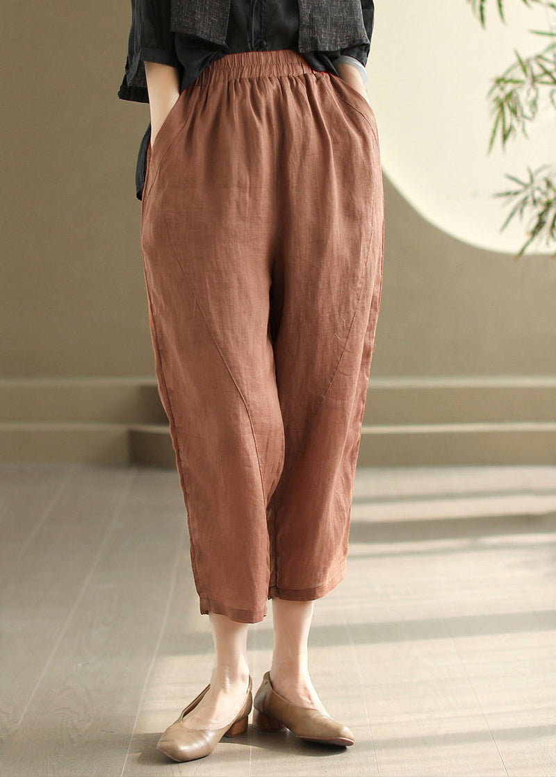 Orange Pockets Elastic Waist Linen Pants Summer