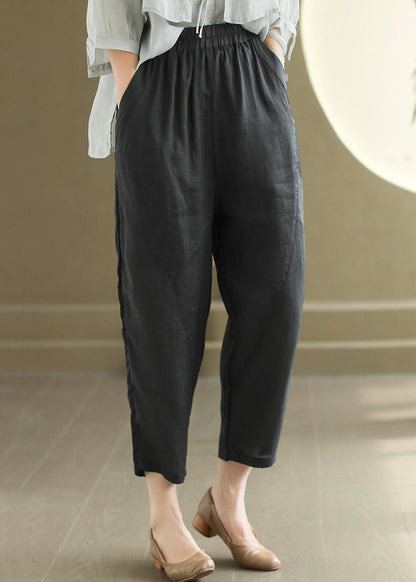 Orange Pockets Elastic Waist Linen Pants Summer