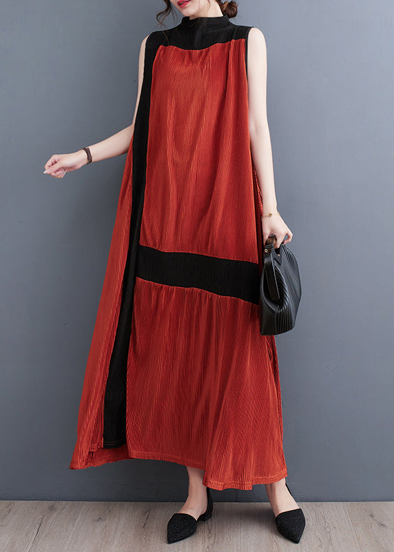 Orange Turtleneck Patchwork Wrinkled Maxi Dress Sleeveless