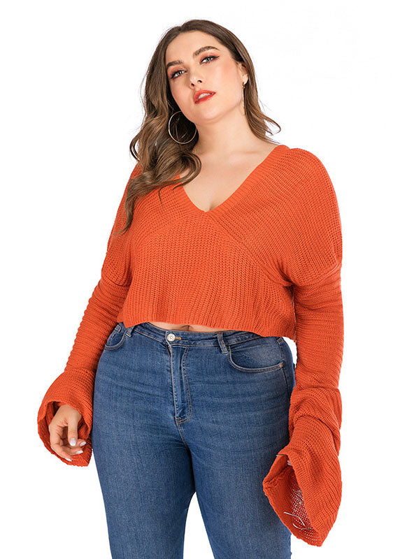 Orange V Neck Cozy Knit Sweater Fall