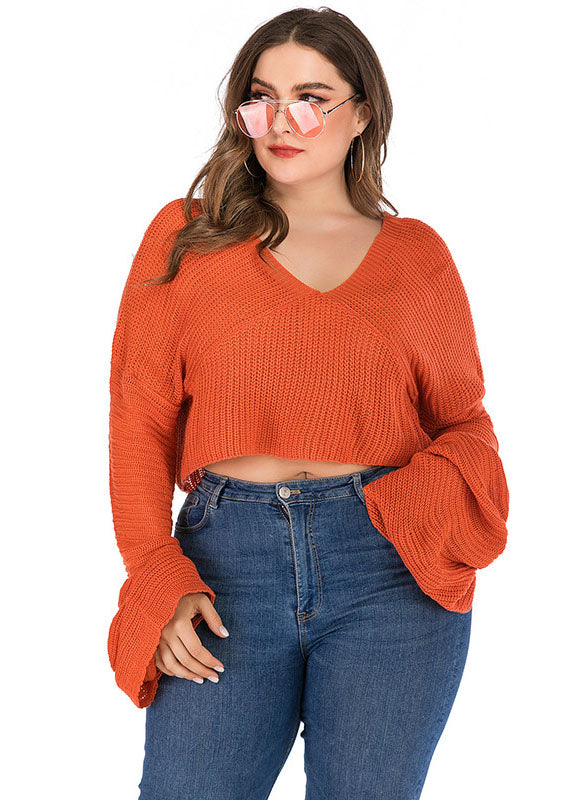 Orange V Neck Cozy Knit Sweater Fall