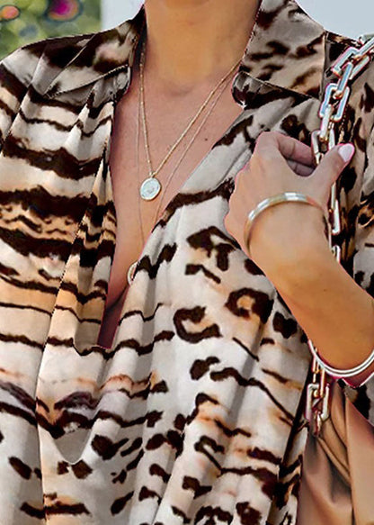 Peter Pan Collar Asymmetrical Design Leopard Print Chiffon Mid Dress Long Sleeve