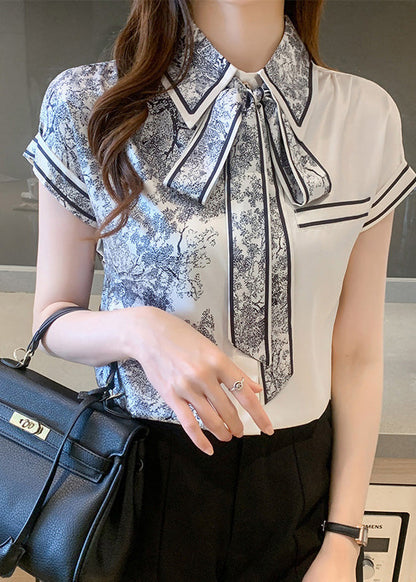 Peter Pan Collar Print Bow Silk Shirts Summer