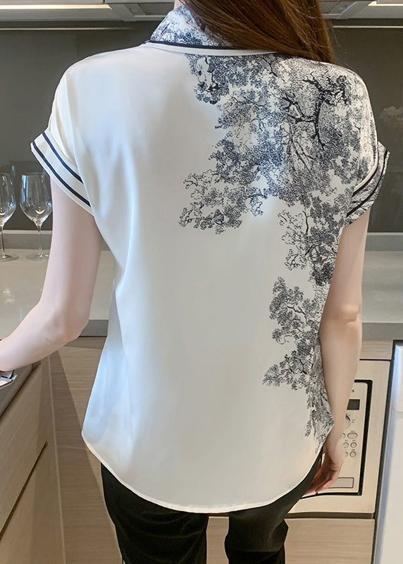 Peter Pan Collar Print Bow Silk Shirts Summer