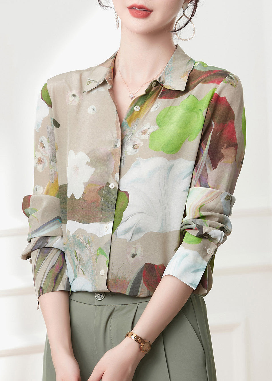 Peter Pan Collar Print Button Silk Shirts Spring