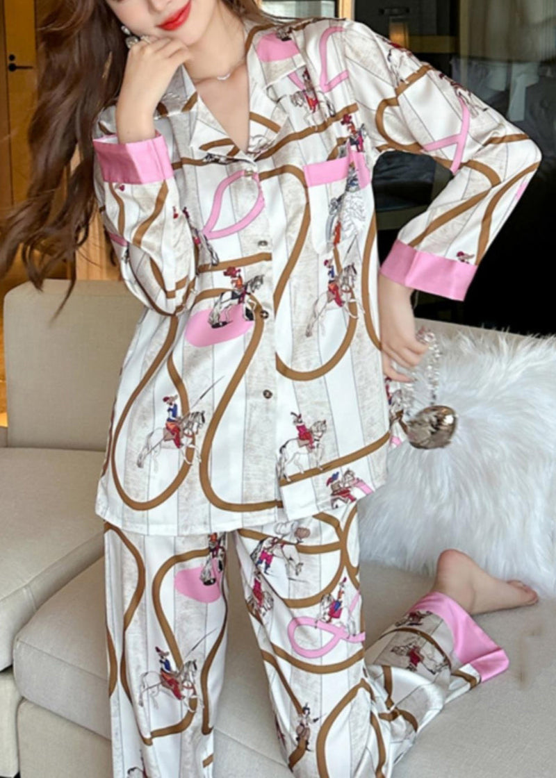 Peter Pan Collar Print Button Silk Two Pieces Set Spring