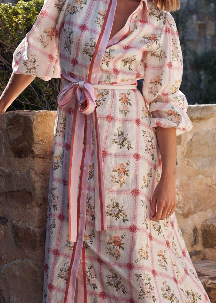 Peter Pan Collar Print Lace Up Cotton Maxi Dresses Summer