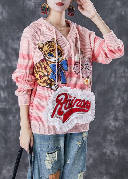 Pink Animal Embroidered Patchwork Knit Pullover Tops Fall