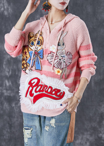 Pink Animal Embroidered Patchwork Knit Pullover Tops Fall