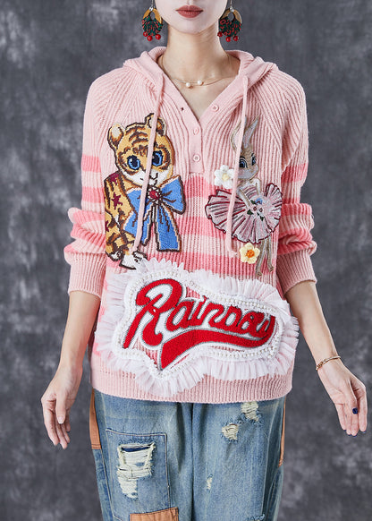 Pink Animal Embroidered Patchwork Knit Pullover Tops Fall