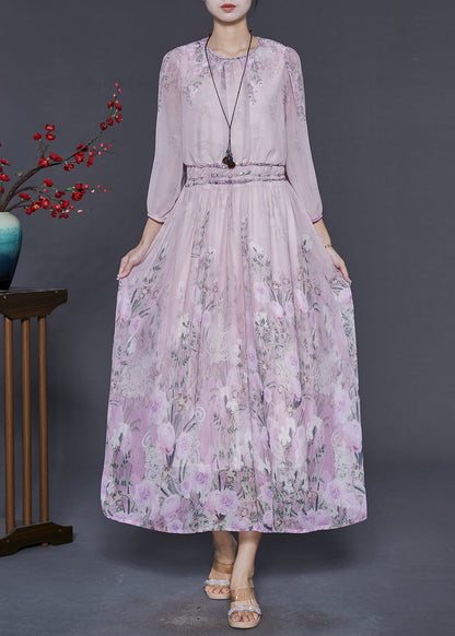 Pink Elastic Waist Print Chiffon Dresses Bracelet Sleeve