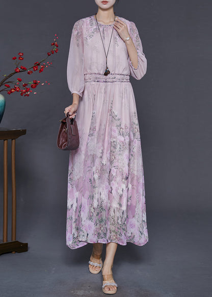 Pink Elastic Waist Print Chiffon Dresses Bracelet Sleeve