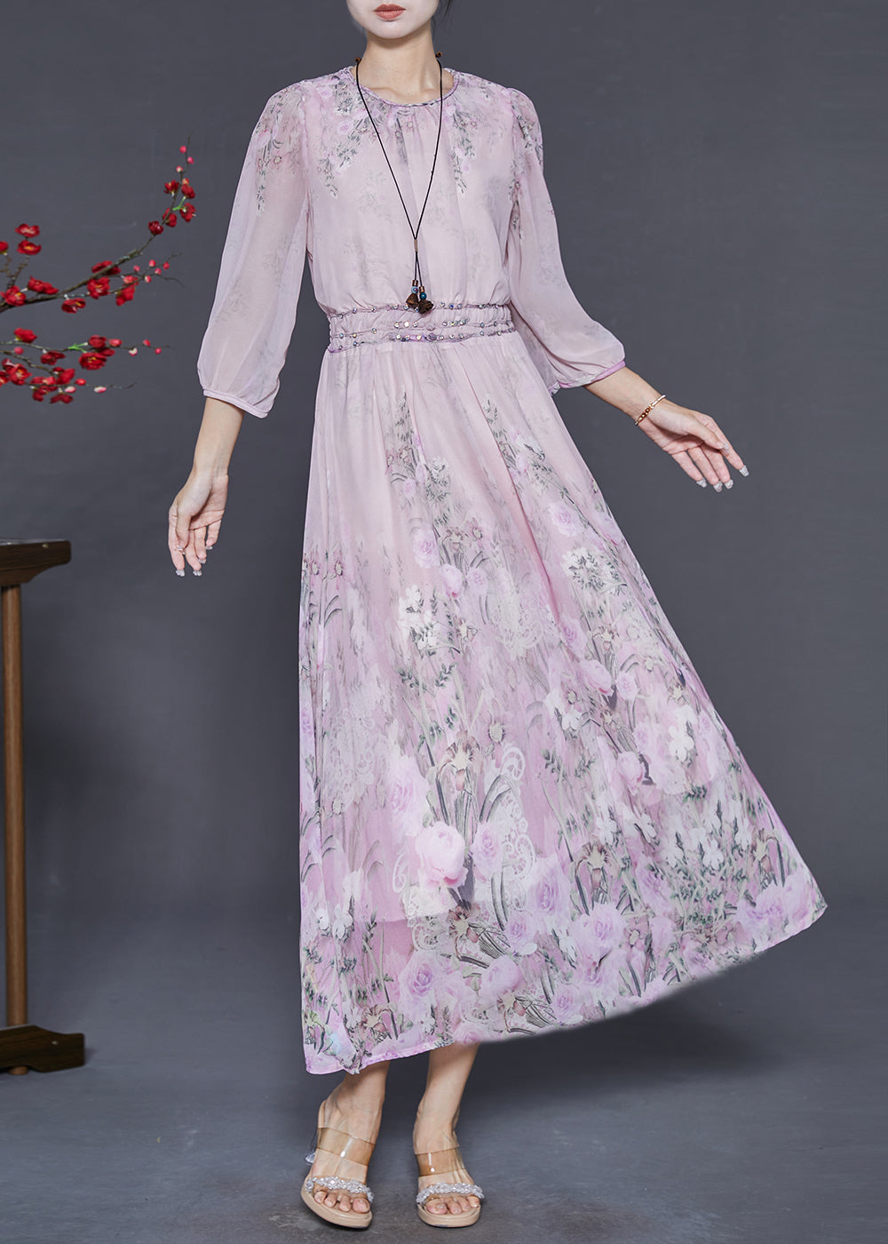 Pink Elastic Waist Print Chiffon Dresses Bracelet Sleeve