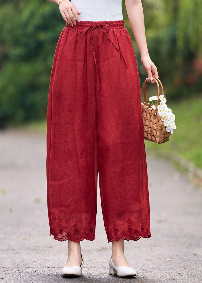 Pink Embroidered Elastic Waist Linen Pants Summer