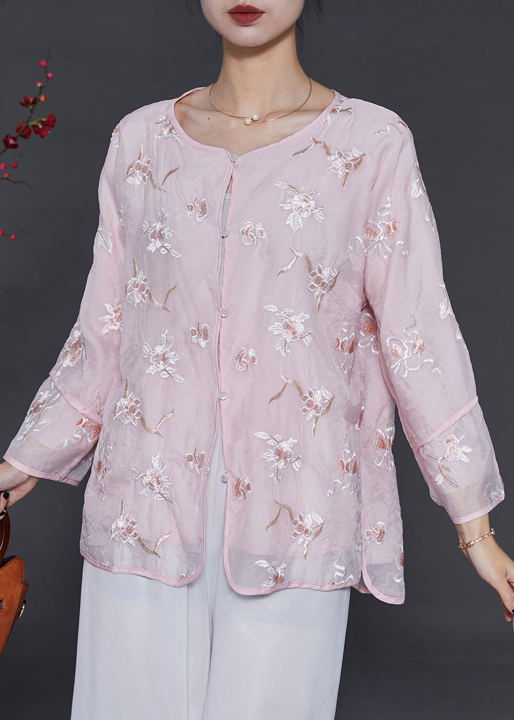 Pink Embroidered Organza Blouses Summer