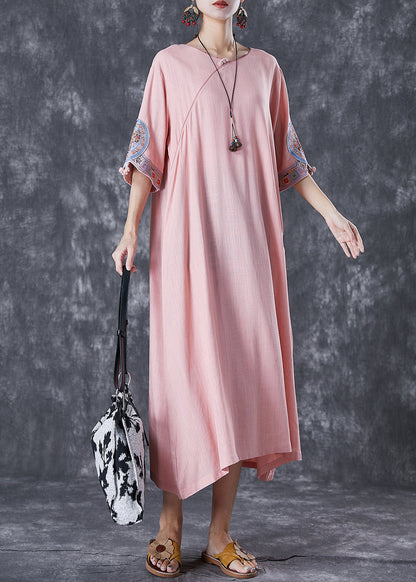 Pink Embroidered Linen a Line Dress Half Sleeve