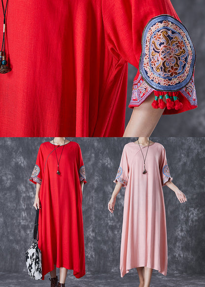 Pink Embroidered Linen a Line Dress Half Sleeve