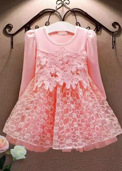 Pink Hollow Out Tulle Patchwork Mid Dress Fall