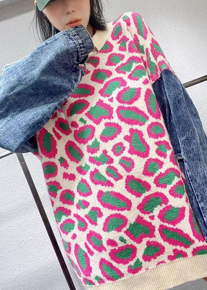 Pink Loose O-neck Patchwork Fall Leopard Knitwear Coat