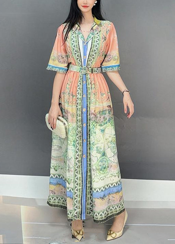 Pink Notched Print Tie Waist Long Dresses Short Sleeve