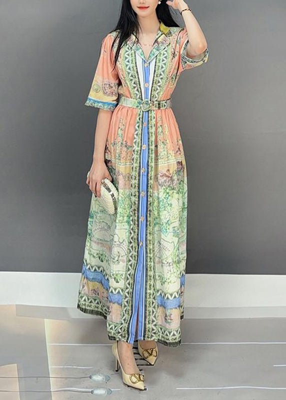 Pink Notched Print Tie Waist Long Dresses Short Sleeve