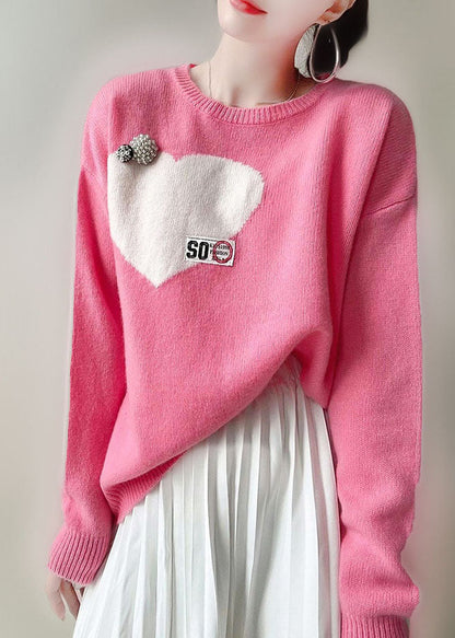 Pink O-neck Love Jacquard Nail Bead Knit Top Winter